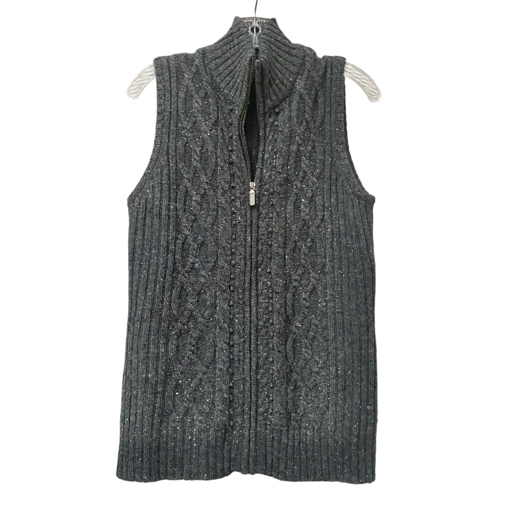 Eddie Bauer Gray Cableknit Vest Zip Front high neck sweater ladies size S